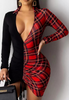 V-Neck Long Sleeved Women'S Plaid Patchwork Dress