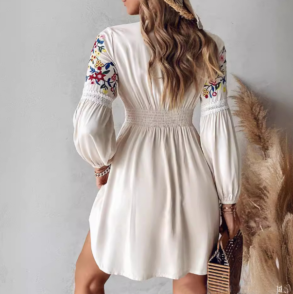 Long Sleeve Embroidered V-neck Casual Dress