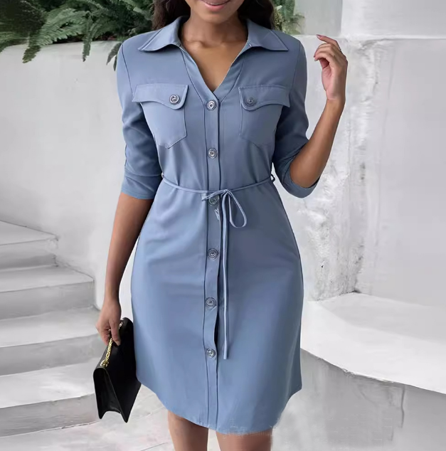 Elegant Long Sleeved Pocket Casual Dress