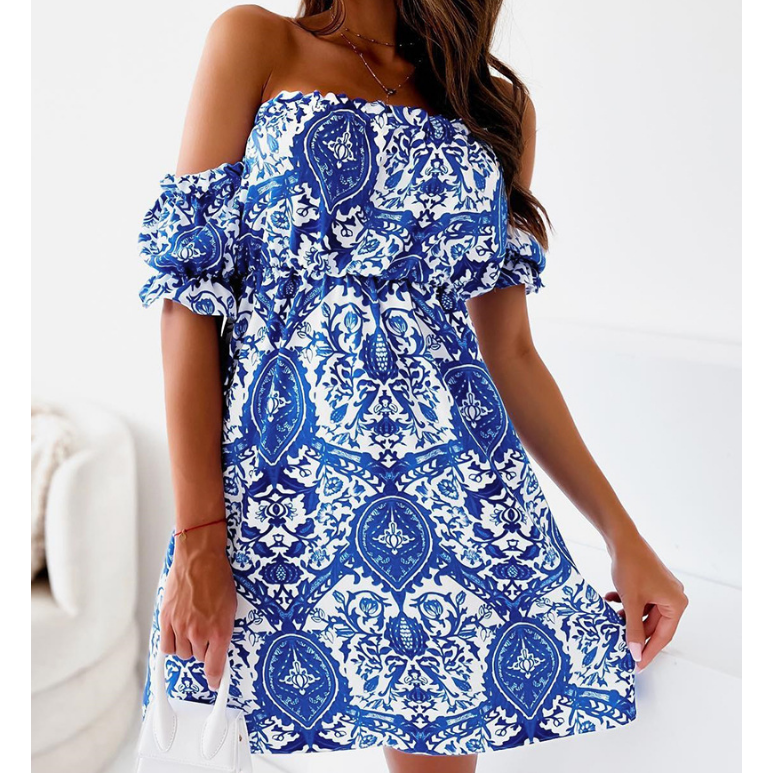 Blue Printed Casual Short Sleeve Dress