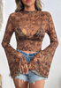 Women'S Mesh Printed Round Neck Flared Sleeve Long Sleeved T-Shirt
