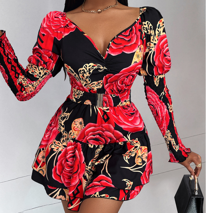 Flower Printed V-Neck Bubble Sleeve Dress