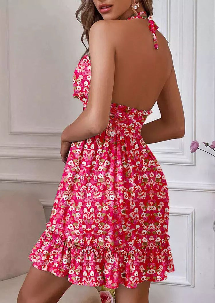 Sexy Fragmented Flowers Backless Sling Sleeveless Dress