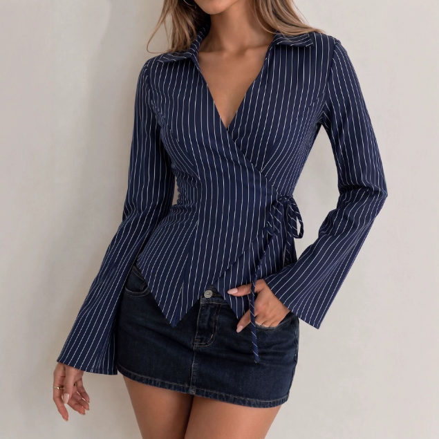 V-Neck Striped Sleeve Long Sleeved Shirt