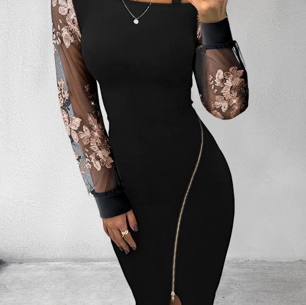 Sexy Black Splicing Long Sleeved Dress