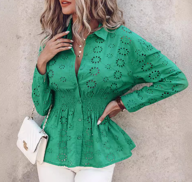 Temperament Women'S Long Sleeved Green Shirt