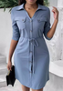 Blue Women'S Long Sleeve Pocket Casual Dress