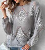 Women'S Loose Grey Long Sleeved Sequin Knitted Sweater