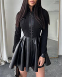 Black Zippered Pocket Patchwork Long Sleeved Dress