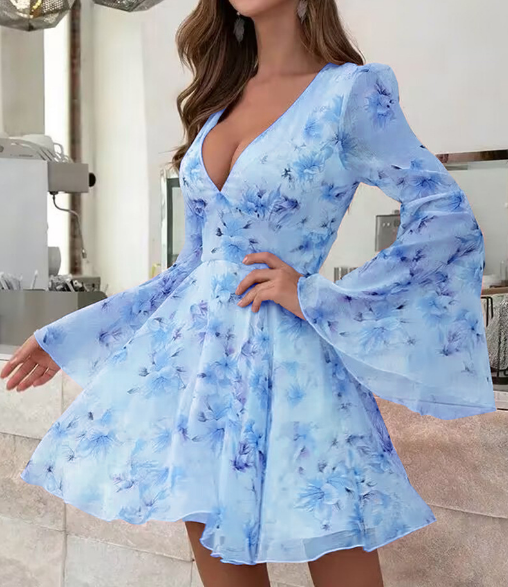 Long Sleeve Flower Deep V-Neck Dress