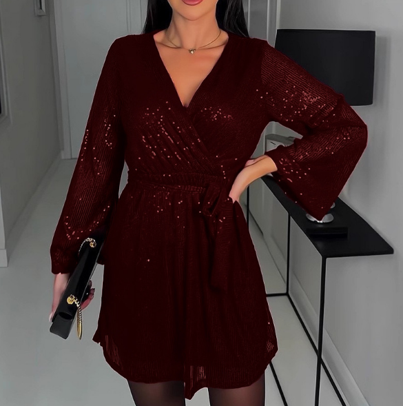 V-Neck Sequined Long Sleeved Dress