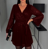 V-Neck Sequined Long Sleeved Dress