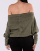 Round Neck Long Sleeved Off Shoulder Knitted Striped Sweater