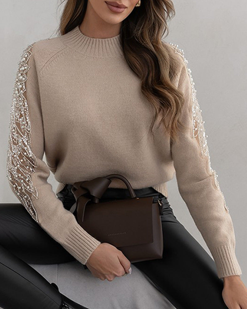 Round Neck Solid Color Spliced Long Sleeved Sweater