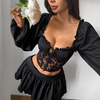 Lace Design V-Neck Long Sleeved T-Shirt