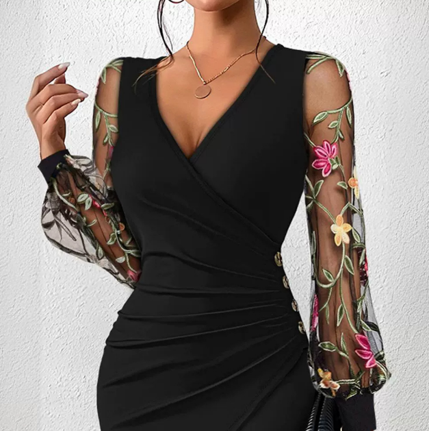 V-Neck Mesh Spliced Long Sleeved Dress