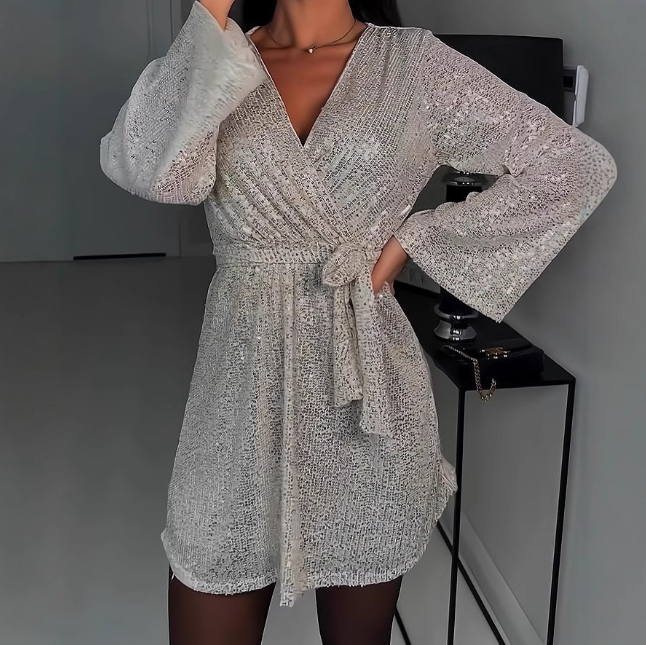 V-Neck Sequined Long Sleeved Dress