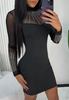 Black Mesh Jacquard Rhinestone Long Sleeved Hip Dress