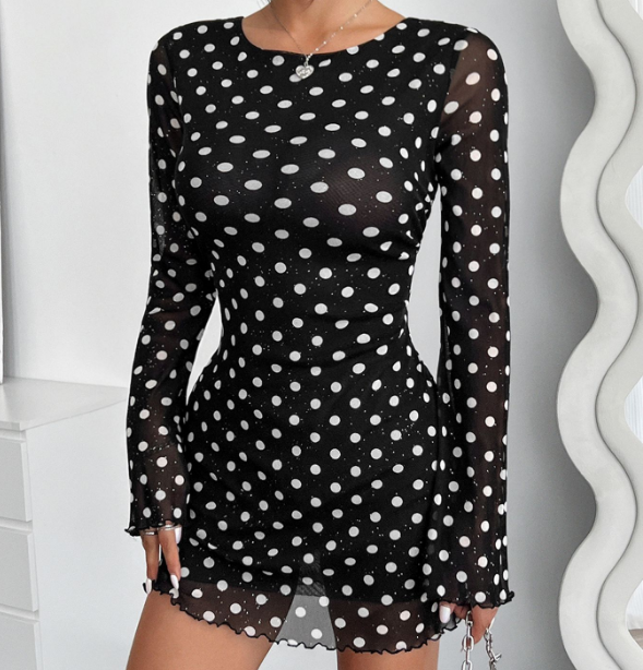 Elegant Printed Round Neck Backless Long Sleeved Dress