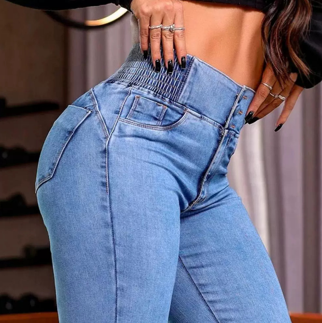 Tight High Waisted Button Elastic Denim Pants