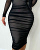 Solid Color V-Neck Mesh Long Sleeved Dress