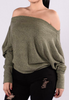 Round Neck Long Sleeved Off Shoulder Knitted Striped Sweater