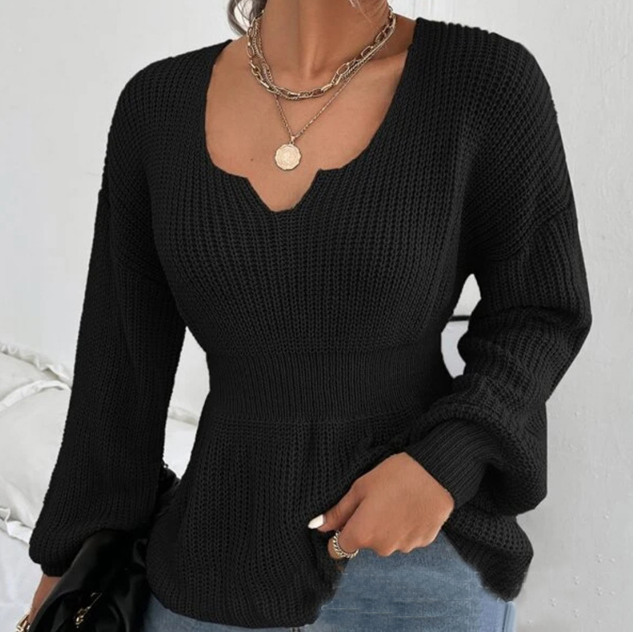 Fashion V-Neck Solid Color Long Sleeved Ruffled Sweater
