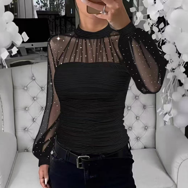 Solid Color Pearl Mesh Splicing Long Sleeved Top