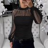 Solid Color Pearl Mesh Splicing Long Sleeved Top