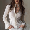 Women'S Splicing White Zipper Long Sleeved Top