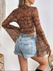 Women'S Mesh Printed Round Neck Flared Sleeve Long Sleeved T-Shirt