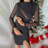 Slim Black Spliced Mesh Long Sleeved Dress