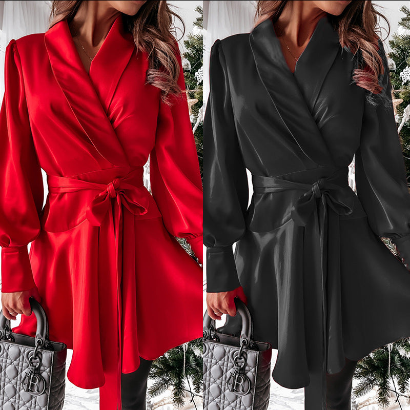 Women'S Casual Fashion Long-Sleeved Solid Color High-Waist Dress