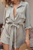 Women'S Solid Color Casual High-Waist Long-Sleeved Jumpsuit