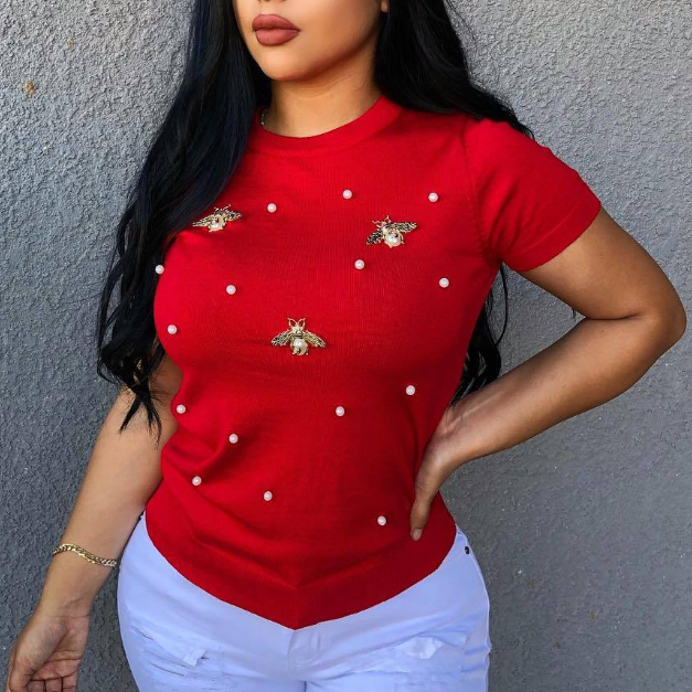 Short Sleeve Stretch Beaded Butterfly Round Neck Plus Size T-Shirt