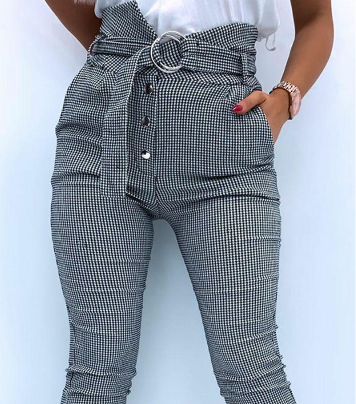 Casual Plaid Button Tight Pants