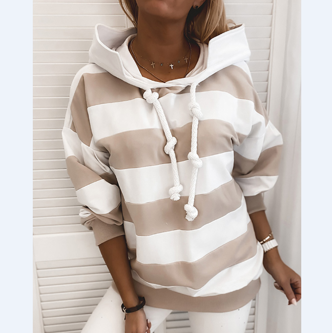 Loose Long-Sleeved Striped Women'S Hooded Sweater