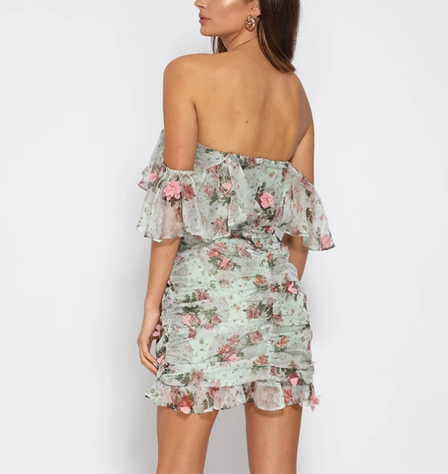 Sexy Backless Shoulder Print Chiffon Dress