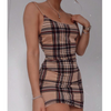 Sexy Sling Check Printed High Waist Dress