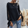 Women'S Solid Color Fashion Pearl Round Neck Long Sleeve Top