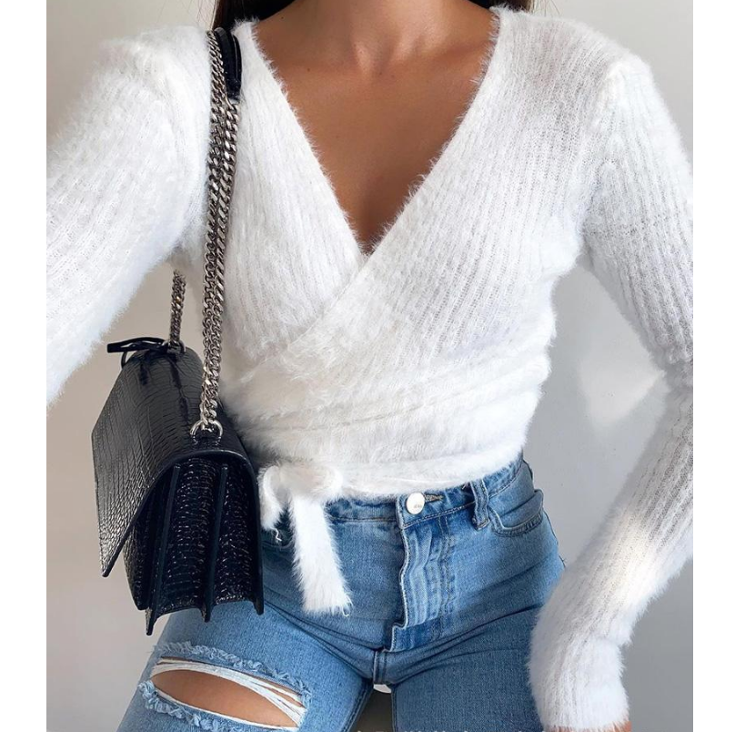 Solid Color White Women'S Long Sleeve Cross Knit Top