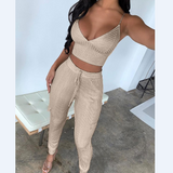 V-Neck Sexy Ribbed Crop Top + Trousers Set