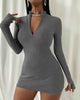 Solid Color High Neck Zipper V-Neck Tight-Fitting Bag Hip Dress