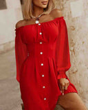 Red One-Shoulder Long-Sleeved Dress