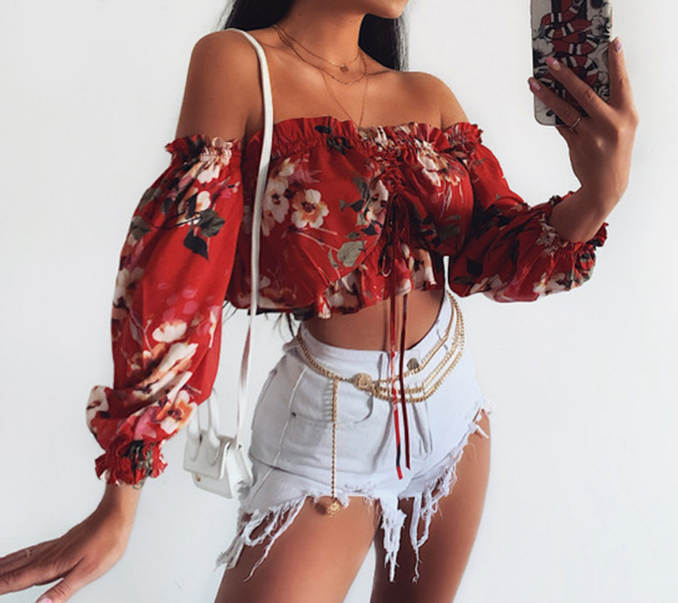 Off-The-Shoulder Sexy Print Long-Sleeved Shirt Tops