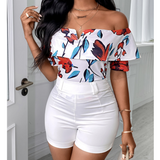 Fashion Printed One-Way Neck Strapless Short Sleeves Shorts Two-Piece Suit