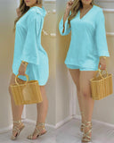 Solid Color Fashion V-Neck Top And Shorts Two-Piece Set