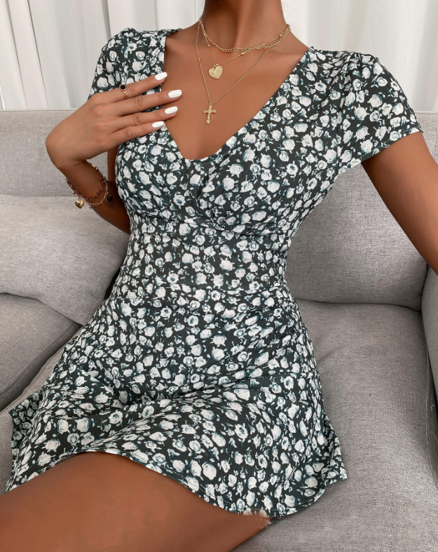 Short Sleeve Women's V-Neck Printed Dress