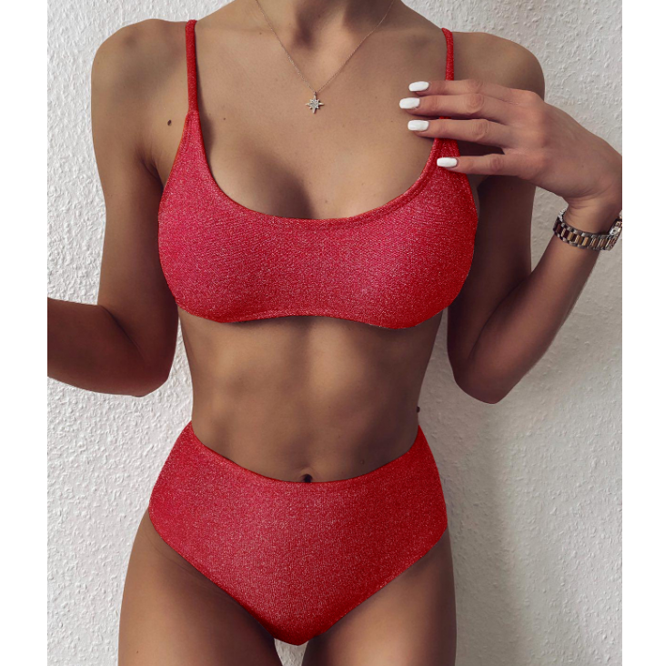 Solid Color High Waist Bikini Split Swimsuit Set