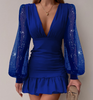 Solid Color Women's Sequin Mesh V-Neck Long Sleeve Dress